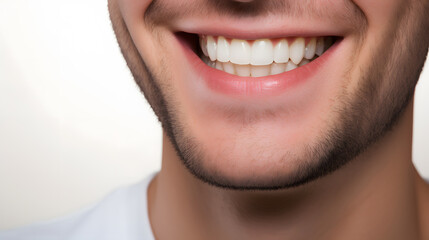 A beautiful young man laughing happily. Mouth detail, dental health or dental clinic concept. Generative AI