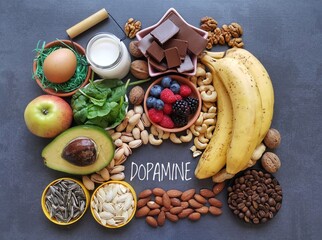 Dopamine-boosting foods. Assortment of food for good mood, happiness, better memory and positive mind. Healthy foods that may help boost dopamine. Natural sources of hormone dopamine. Brain super food - obrazy, fototapety, plakaty