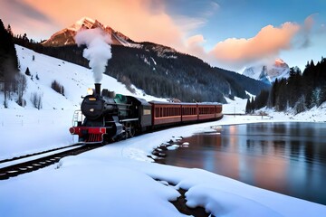 an old steam locomotive train at snow panorama, generative Ai art