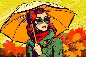 Autumn vacation, retro post-card in pop-art style, colorful, featuring a beautiful young lady. Generative AI