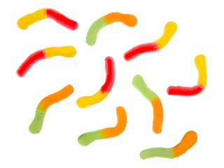 Pattern of A lot of different gummy worms isolated on transparent background