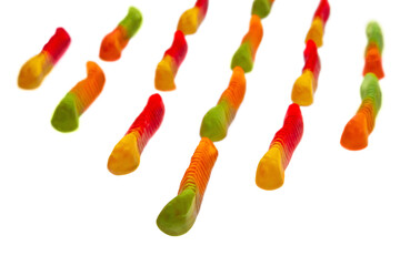 Pattern of A lot of different gummy worms isolated on transparent background