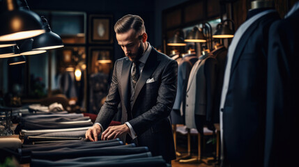 A men's suit tailor, making adjustments to a suit or men's coat. Well dressed gentleman, of a custom tailored suit shop. bespoke formal clothing.