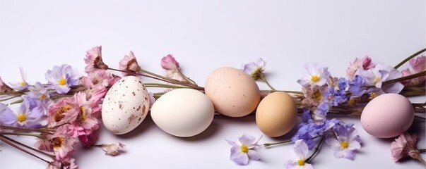 Naklejka na ściany i meble Colorful easter eggs in nest with flowers on bright marble white table