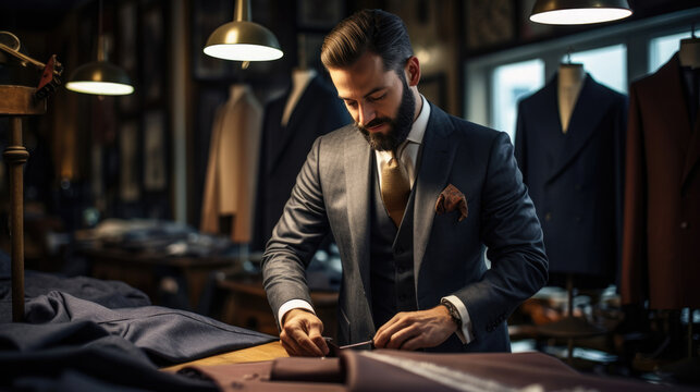 A men's suit tailor, making adjustments to a suit or men's coat. Well dressed gentleman, of a custom tailored suit shop. bespoke formal clothing.