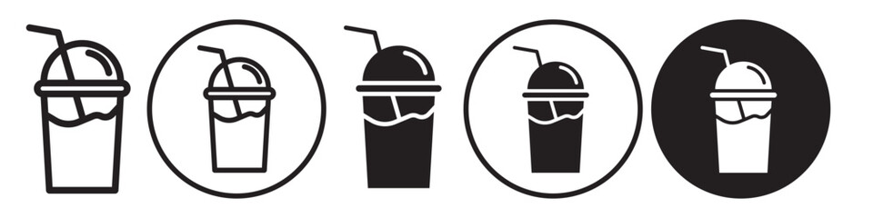 Milk shake icon. Cold coffee or fruit juice recyclable paper cup holder. Vector set of ice cream, protein shaker with straw on top. Flat outline of soft drink smoothie or bubble tea container logo