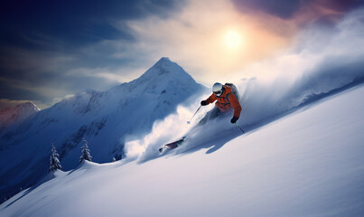 Naklejka na ściany i meble Extreme ski in powder snow, Generative Ai illustration