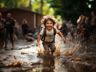 Super excited young child jumping in a puddle of mud outdoors, Generative Ai illustration