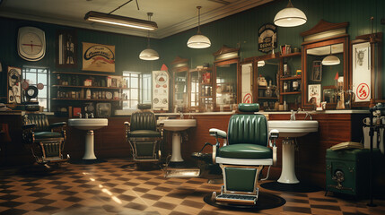 Vintage Barber Shop Interior Decoration of 1950s or 1980s - obrazy, fototapety, plakaty