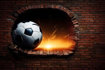 a football breaking through a brick wall, symbolizing determination and strength