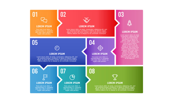 Infographic poster or brochure, 8 processes business to success. Vector illustration.