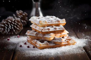 Waffles with Powdered Sugar, crisp waffles dusted with sweet snow