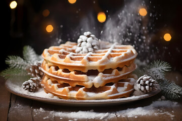 Waffles with Powdered Sugar, crisp waffles dusted with sweet snow
