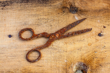 Old vintage scissors covered in rust on wooden board