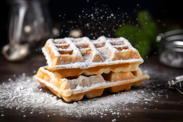 Waffles with Powdered Sugar, crisp waffles dusted with sweet snow - obrazy, fototapety, plakaty