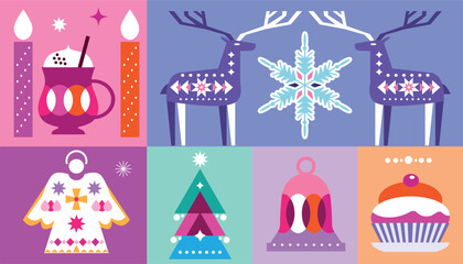 Merry Christmas  and Happy New Year  Christmas  decoration   Holiday winter background  Vintage template design with  deer, tree, ball-toy, snowflake,   Vector  illustration