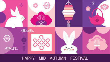 Mid autumn festival banner template with lantern, mooncake, bunny, cloud, flowers. Chinese translate: Mid Autumn Festival (Chuseok). Design holiday celebration concept flat vector illustration
