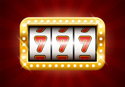 Jackpot. Slot machine with three sevens. Screen slot machine in a golden frame with light bulbs. Vector clipart.