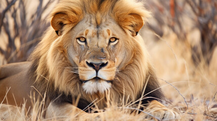 Fototapeta premium Big male African lion (Panthera leo) lying in the grass, Etosha National Park, Namibia, southern Africa