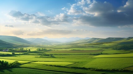 A Serene Panorama: Vibrant green fields stretch endlessly, adorned with diverse crops. The gentle sun casts long shadows, creating a picturesque agricultural landscape.