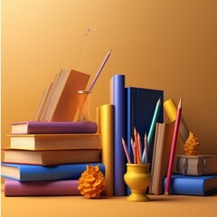 Colorful pencils and books on wooden table. Back to school