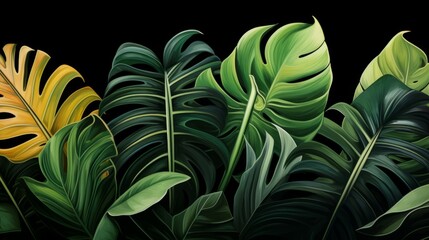 Fototapeta na wymiar Big Green Leaves of Monstera, Banana, and Strelitzia 