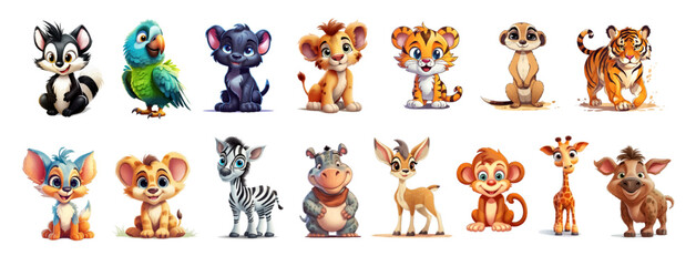 Fototapety  Set of cartoon characters of baby animals. Set of baby animal icons isolated on white background. Cartoon characters design. Color illustration of wild animal world. Vector illustration