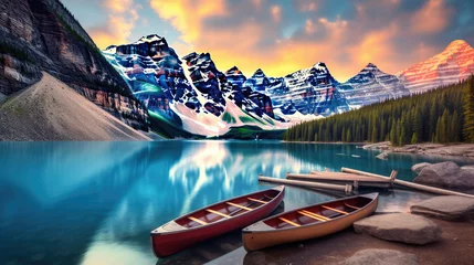 Rolgordijnen Canoes on a jetty at Moraine lake, Banff national park in the Rocky Mountains, Alberta, Canada © Sasint