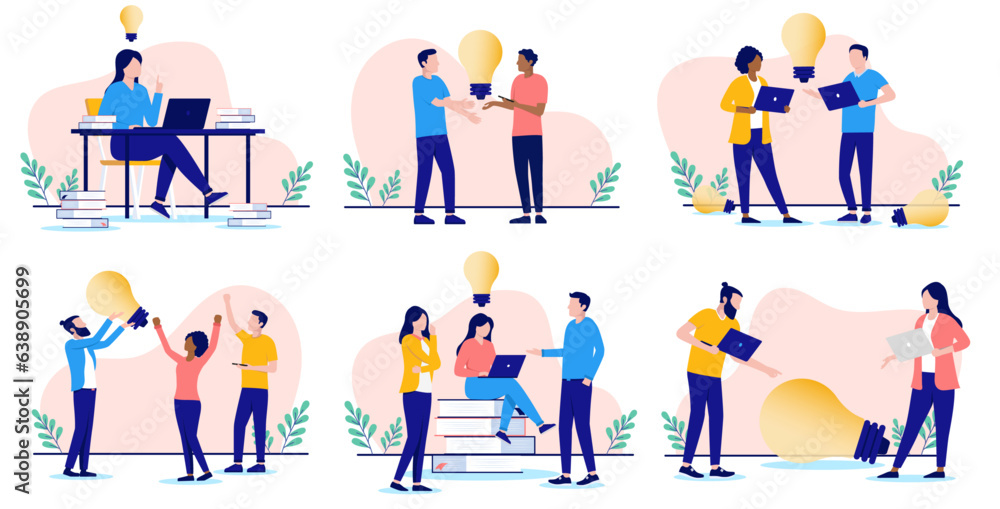 Aufkleber Business idea vector collection - Set of illustrations with team of people coming up with ideas  and light bulbs while working on computers. Flat design with white background