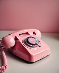 old telephone on wooden table pink