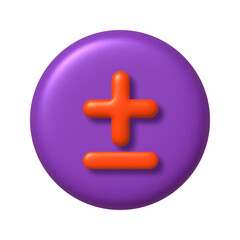 Fototapeta premium Math 3D icon. Orange arithmetic plus and minus signs on purple round button. 3d png realistic design element.