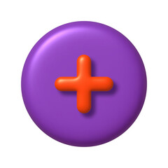 Obraz premium Math 3D icon. Orange arithmetic plus sign on purple round button. 3d png realistic design element.