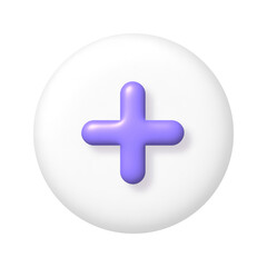 Math 3D icon. Purple arithmetic plus sign on white round button. 3d png realistic design element.