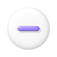 Math 3D icon. Purple arithmetic minus sign on white round button. 3d png realistic design element.