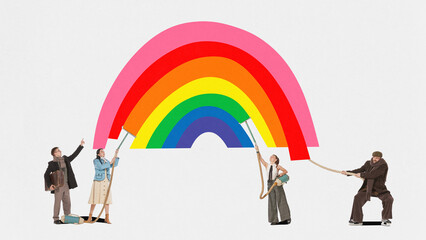Contemporary art collage. People dressed vintage clothes sucking rainbow into vacuum cleaner. LGBTQ...