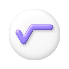 Math 3D icon. Purple square root sign on white round button. 3d png realistic design element.