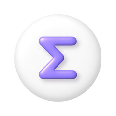 Math 3D icon. Purple sum sign on white round button. 3d png realistic design element.