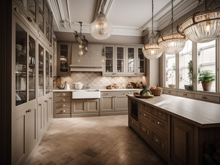 Minimalist beige kitchen with clean interior lines. AI Generate.