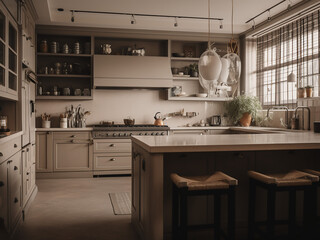 Fototapeta premium Sleek beige kitchen featuring modern furniture. AI Generate.
