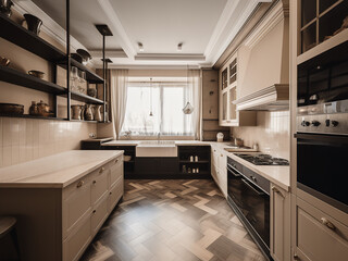 Cozy beige kitchen room with charming interior. AI Generate.