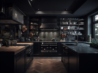Well-lit black kitchen interior with bright elements. AI Generate.
