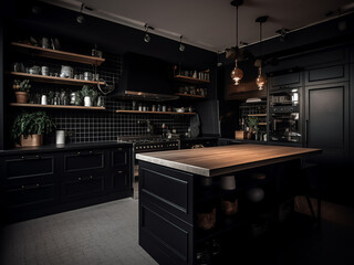 Black kitchen room featuring a sleek interior design. AI Generate.