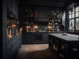 Sophisticated black kitchen interior with sleek finishes. AI Generate.