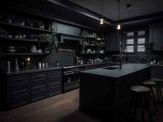 Elegant black kitchen with a touch of luxury. AI Generate.