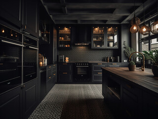 Black kitchen offering a harmonious design approach. AI Generate.