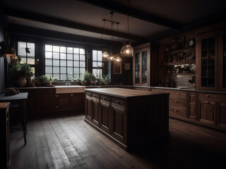 Dark wood kitchen designed for functional organization. AI Generate.