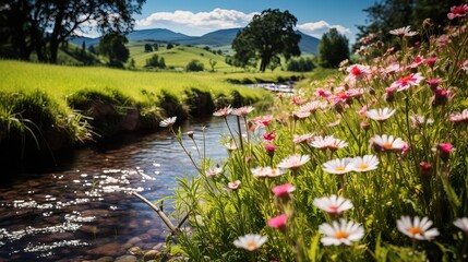 Beautiful Garden with an Amazing Flux of Water near some Rocks. Reflections of the Sun on the Water.