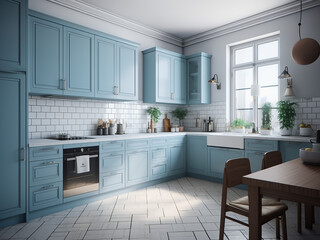 Subtle elegance in a light blue kitchen design. AI Generate.