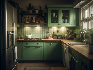 Inviting light green kitchen interior with chic decor. AI Generate.