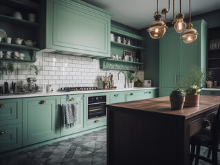 Minimalist light green kitchen with clean lines. AI Generate.